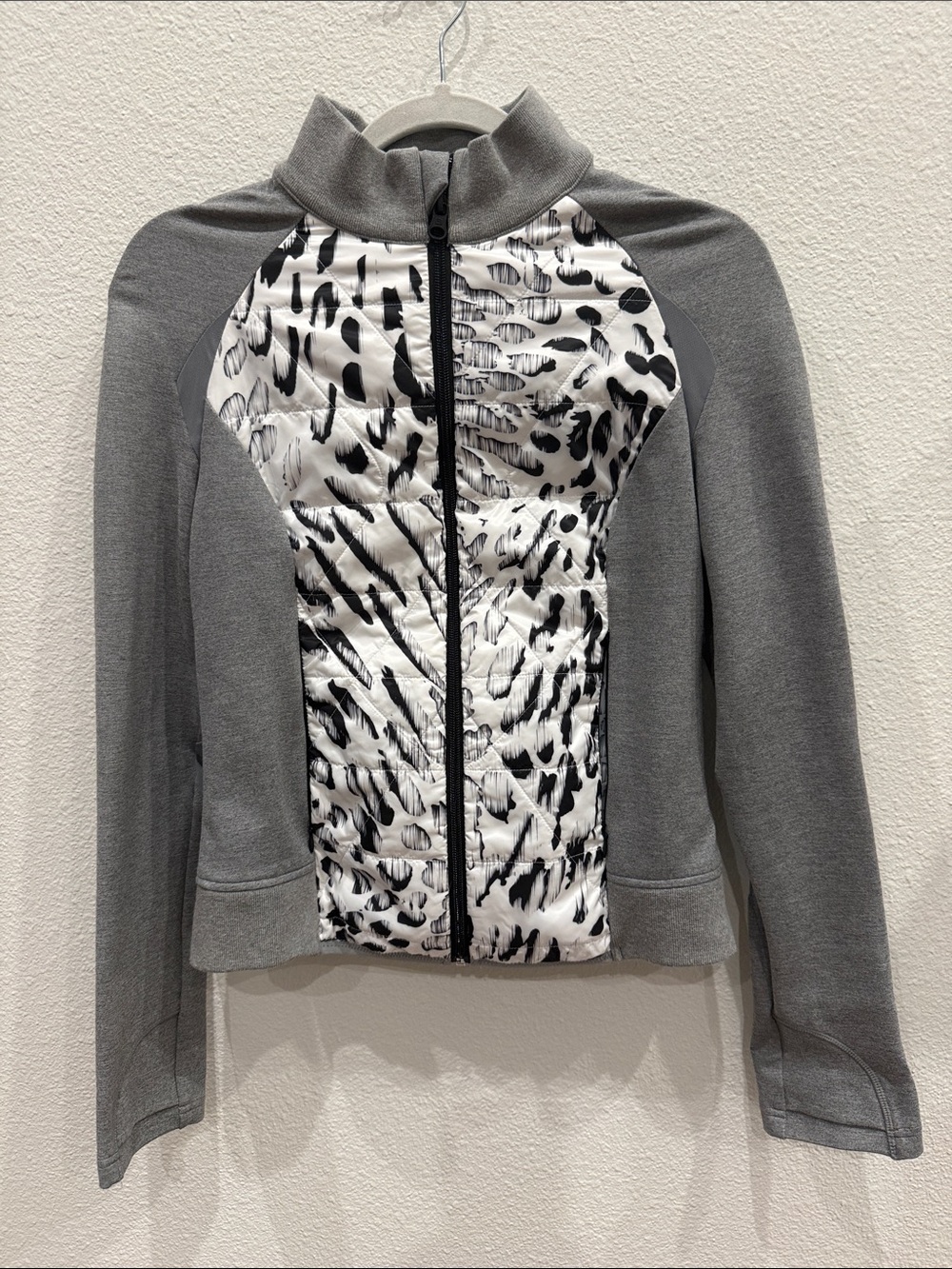 blanc noir Gray Bomber Jacket with Black & White Print Front